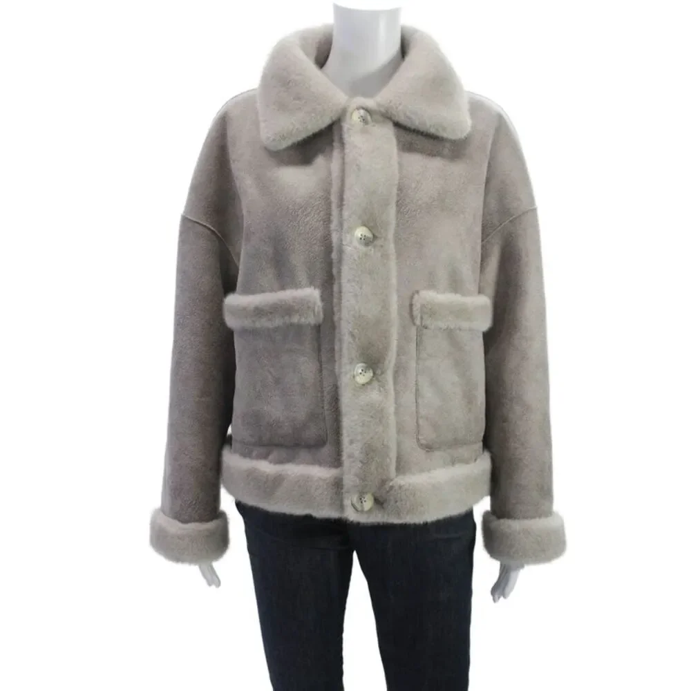 Repeat Luxury Womens Basic Polyester Jacket Gray Button Long Sleeve Size 44